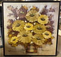 Large Painting,of Flower & Pot, Sign.Illegible