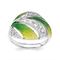 Sterling Silver- Green Yellow Enamel Leaf Ring