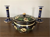Hand Painted Pottery and Gien Candle Sticks