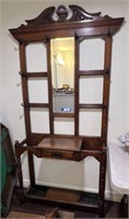 ANTIQUE HALL TREE WITH BEVELED MIRROR, 2 TRAYS &