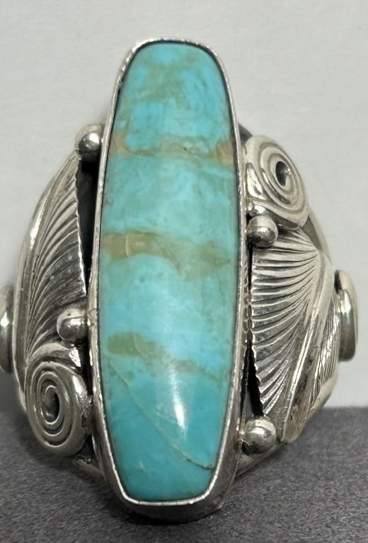 Mens Sterling & Turquoise Signed Heavy Ring 15.1g