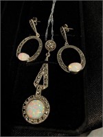 Opal in marcasite pendant and earrings in