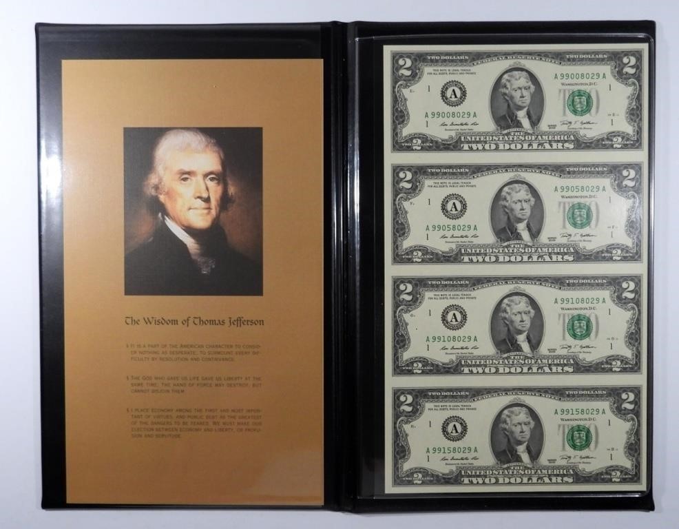 2009 $2 Dollar Uncut Sheet Of 4