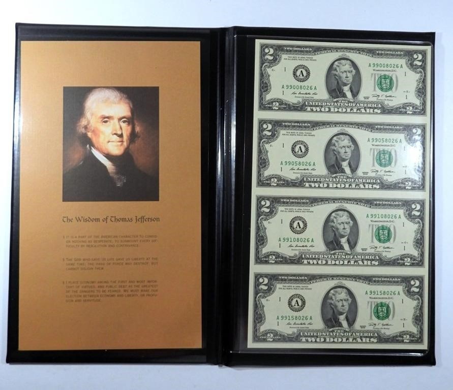 2009 $2 Dollar Uncut Sheet Of 4