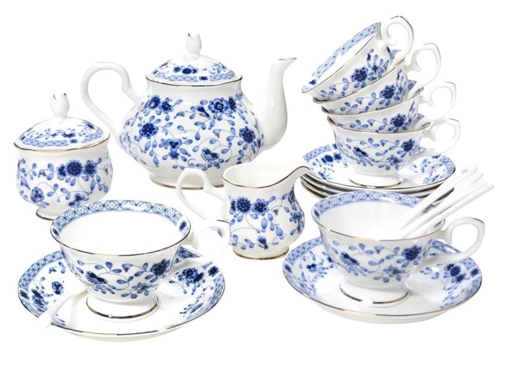 Bone China Tea Set, 21-Pieces Porcelain Tea Set