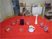 MCM handpainted pair glass vases, misc deishes,