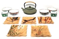 Painted Iron Teapot, Bowls & Plates