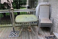 Older Patio Table, Chairs & Umbrella/Stand