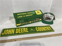 John Deere mailbox, sign, and ball cap