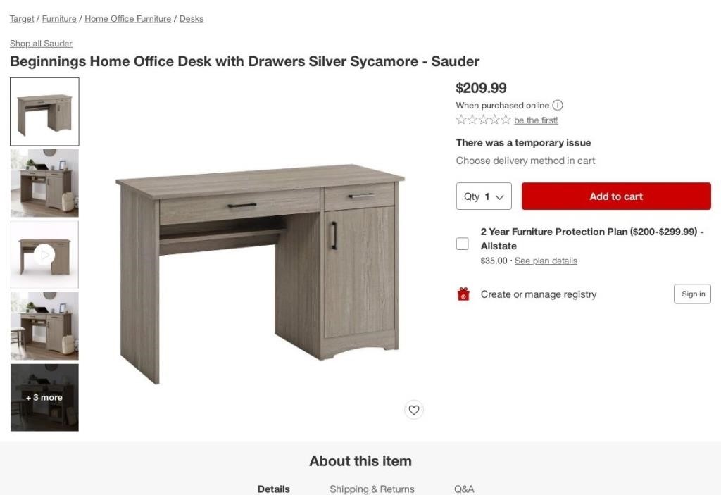 B5093  Silver Sycamore Home Desk with Drawers