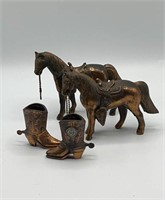 Bronze Metal Horses & Cowboy Boots Set