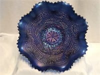 Northwood "Embroidered Mums" Blue Art Glass Bowl
