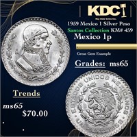 1959 Mexico 1 Silver Peso Santos Collection KM# 45