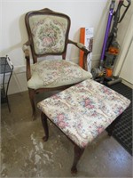 ANTIQUE WOOD FRAMED PADDED CHAIR & OTTOMAN