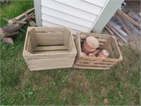 2 WOOD CRATES WITH CLAY POTS
