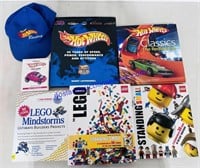Hot Wheels and Lego Books and Hat