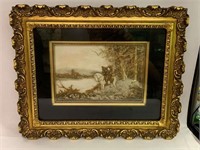 Scenic Horse High Relief Plaque In Gilt Frame