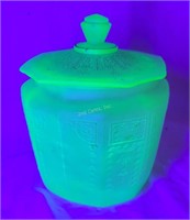 Uranium Glass Large Jar W/ Lid/ Has Small Chip