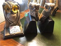 Pair Iron Owl Book Ends & Pair of Italian Marble O