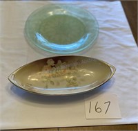 Green depression, glass plate, and porcelain dish