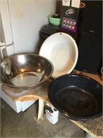 2 enamel pans and one stainless