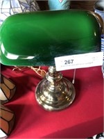 Brass Desk Lamp with Green Overlaid Shade