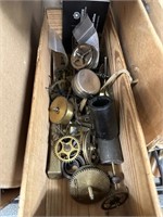 LOT OF MISC CLOCK PARTS IN OLD CHEESE BOX