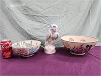2 decorative bowls and owl figure made in China.