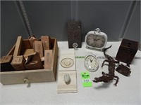 Battery operated clocks, wall hooks, antique camer