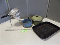 Food mill, Club Dutch oven, pottery bowl and ename