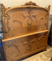 Carved Antique Oak Highback Bed (W/ Frame)