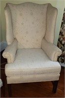 Wing back chair w crewel work fabric