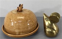 Brass Mouse & Ceramic Cheese Dish