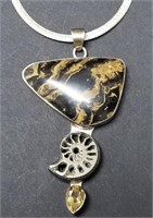 Sterling Silver Stone & Fossil Pendant Necklace