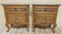 Louis XIV Style Marble Top Walnut Side Cabinets.