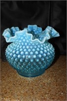 Fenton Blue Opalescent Hobnail  Ruffle Bowl