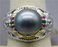 Sterling Silver ring with black pearl and multi