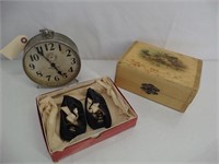 Lot (3) primitive Items - Celluloid Box, Clock