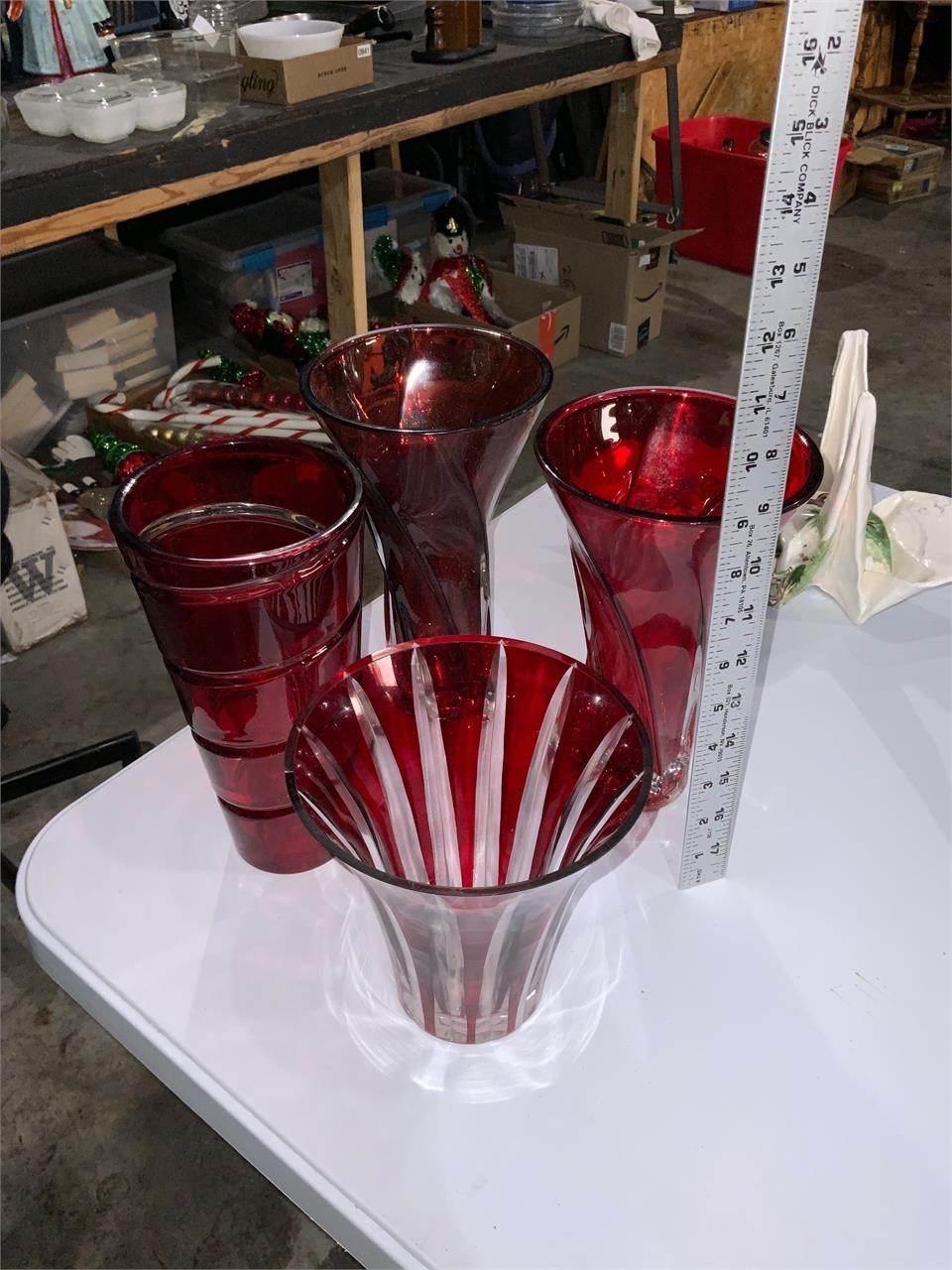 lot of 4 red glass vases