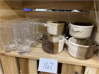 6 POTTERY SOUP BOWLS - 8 DRINKING GLASSES