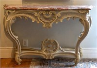 PAIR OF CARVED & PAINTED MARBLE TOP CONSOLE TABLES