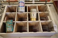 VINTAGE  CANS AND WOODEN CRATE