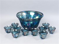Indiana Blue Carnival Glass Punch Bowl and Glasses