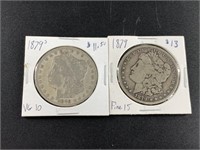2 Morgan silver dollars 1879 and 1879 S 3rd revers