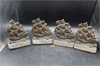 4 Vintage Cast Iron Sailing Ship Bookends