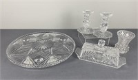 Crystal Plate, Candlesticks, Butter Dish, Vase