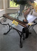Glass top & wood wrought iron base side table  - N