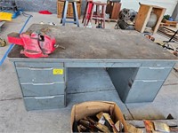 METAL DESK WITH CONTENTS AND CRAFTSMAN VISE