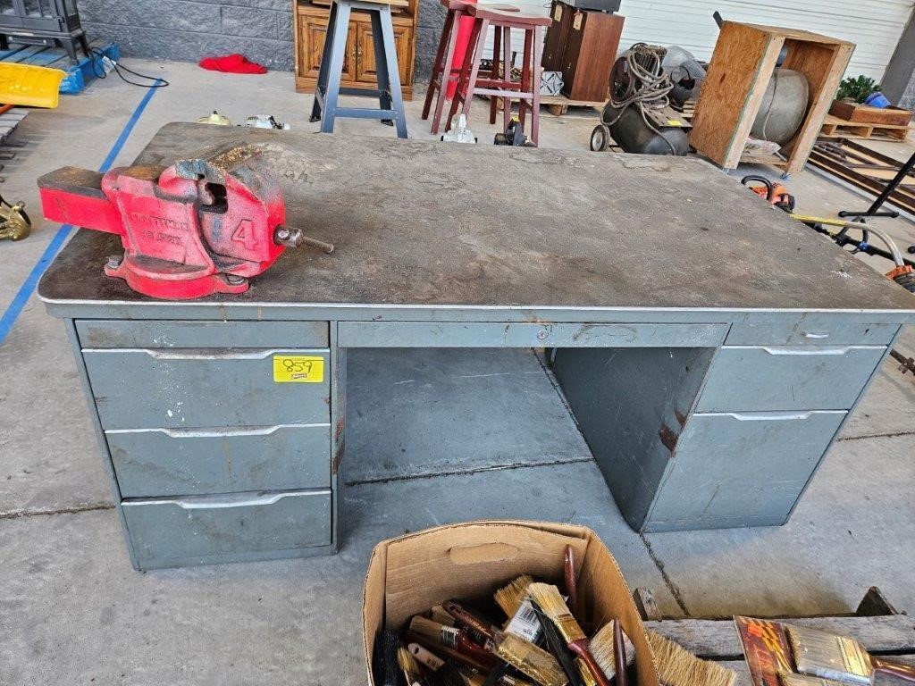 METAL DESK WITH CONTENTS AND CRAFTSMAN VISE