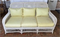 Vintage White Wicker Sofa w/ Yellow Cushions